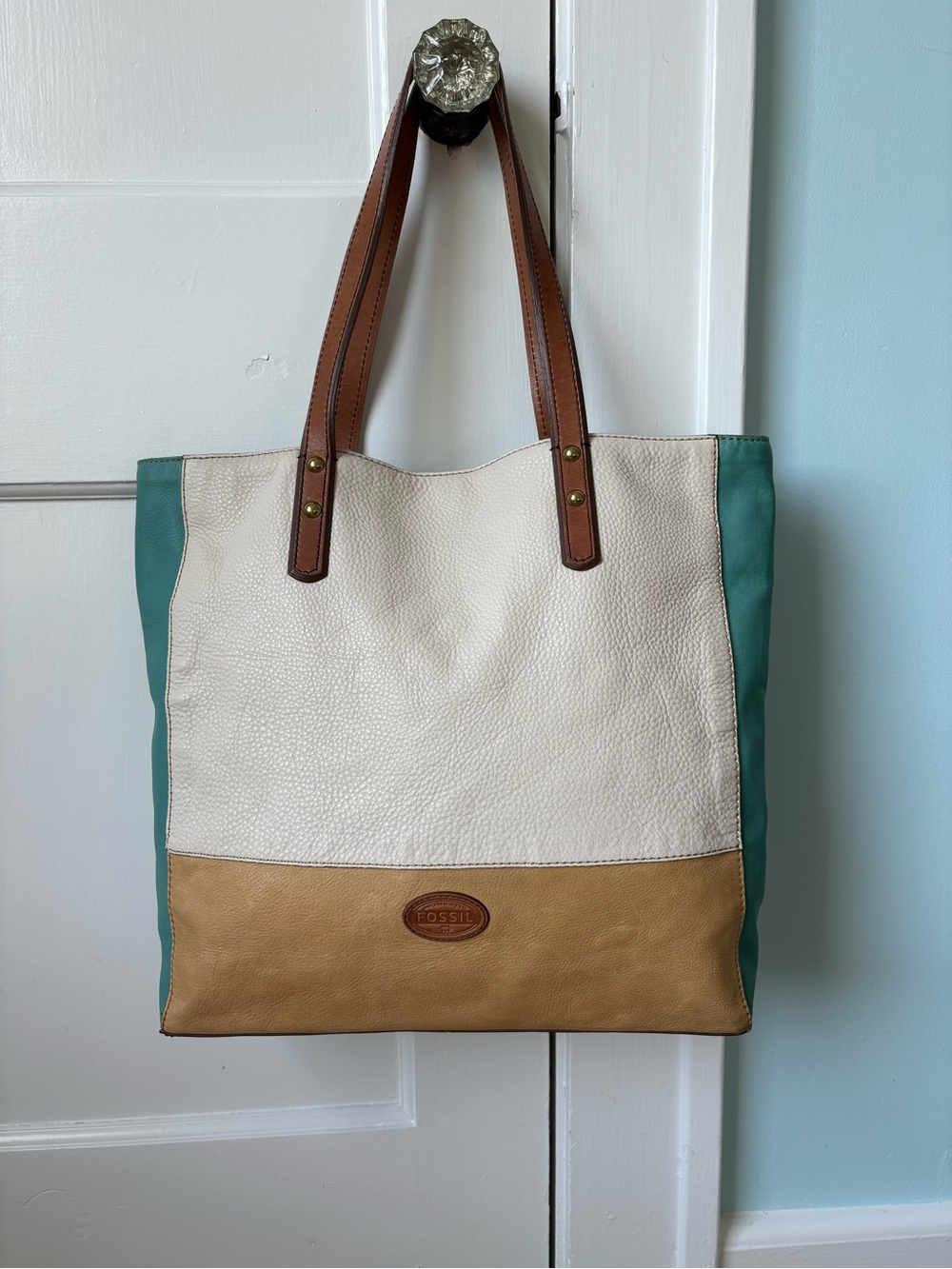 Fossil Zoey Colorblock Leather Tote Bag - Cream, Teal, & Tan Shopper Boho Earthy